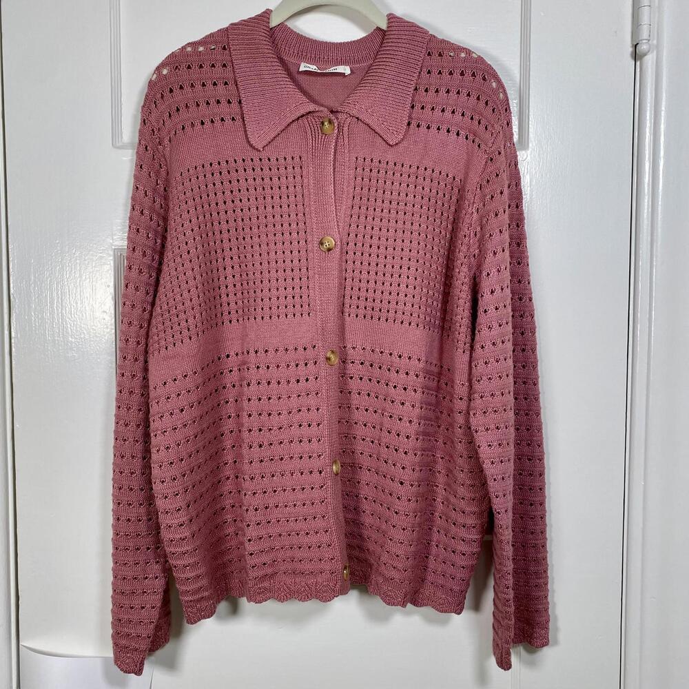 Pink Knit Cardigan Womens 2XL Cottagecore Boho Coastal Grandmother Academia
